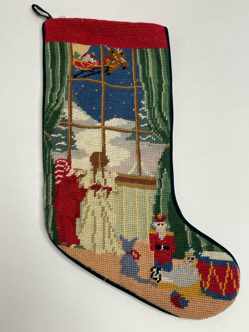 Vintage Handmade Needlepoint Christmas Stocking Night Before Christmas 16”